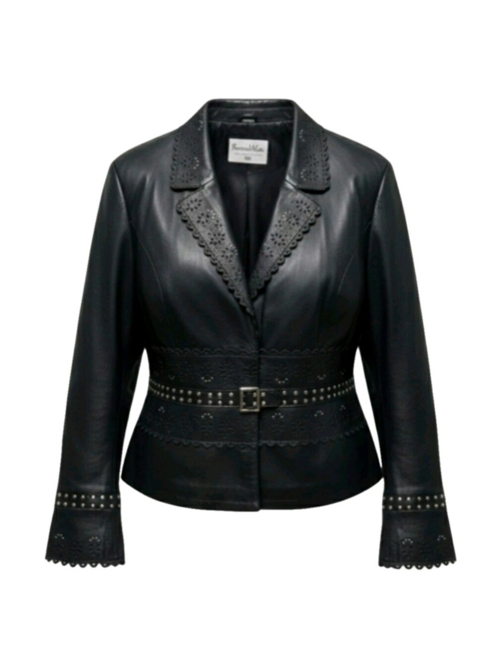 Pam McCoy Large Black Leather Jacket With laser Cut Detail, Studs & Buckles